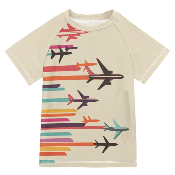 FORMRS Boys Rash Guard Short Sleeves Swim Shirt Quick Dry UPF 50+ Sun Protection, Sizes 3-12T, Flying Planes