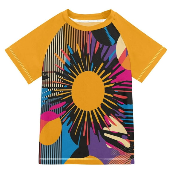 FORMRS Boys Rash Guard with Short Sleeves UPF 50  Swim Shirts Sizes 3-12T, Futuristic Circles