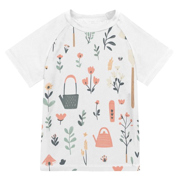 FORMRS Boys Rash Guard with Short Sleeves UPF 50  Swim Shirts Sizes 3-12T, Garden Pattern