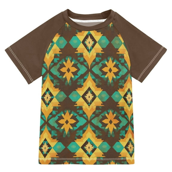 FORMRS Boys Rash Guard with Short Sleeves UPF 50 Swim Shirts Sizes 3-12T, Geometric Patterns