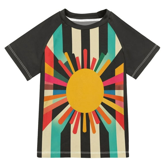 FORMRS Boys Rash Guard with Short Sleeves UPF 50+ Swim Shirts Sizes 3-12T, Geometric Sun