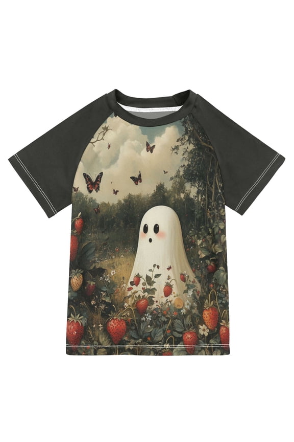 Boys Rash Guard Short Sleeves Swim Shirt Quick Dry UPF 50+ Sun Protection, Sizes 3-12T, Ghost in Strawberry Fields