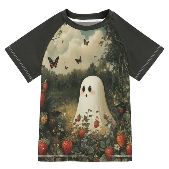 FORMRS Boys Rash Guard Short Sleeves Swim Shirt Quick Dry UPF 50+ Sun Protection, Sizes 3-12T, Ghost in Strawberry Fields