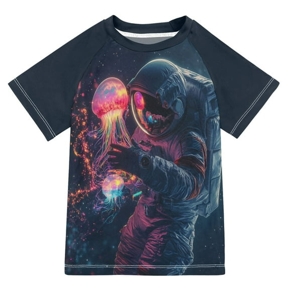 FORMRS Boys Rash Guard with Short Sleeves UPF 50+ Swim Shirts Sizes 3-12T, Glowing Jellyfish