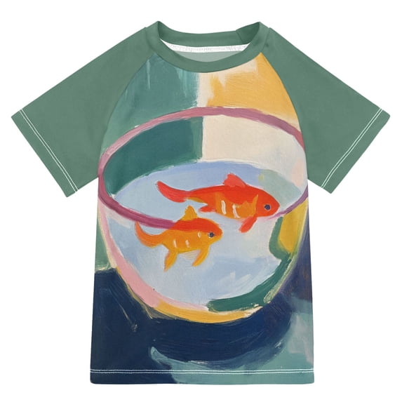 FORMRS Boys Rash Guard Short Sleeves Swim Shirt Quick Dry UPF 50+ Sun Protection, Sizes 3-12T, Goldfish Bowl