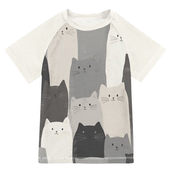 FORMRS Boys Rash Guard with Short Sleeves UPF 50 Swim Shirts Sizes 3-12T, Gray Cute Cats