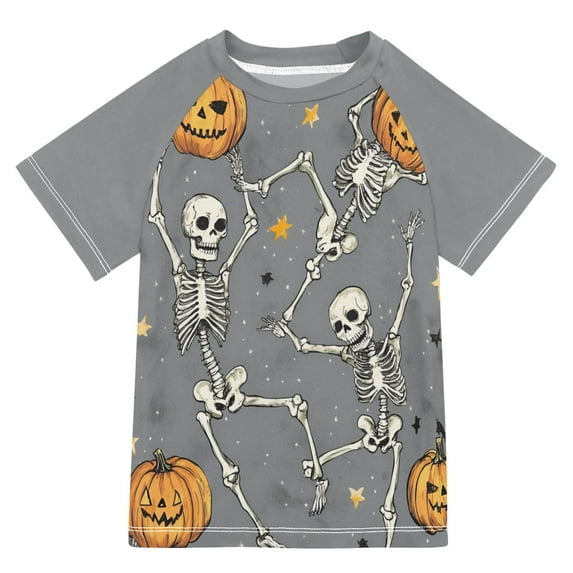FORMRS Boys Rash Guard Short Sleeves Swim Shirt Quick Dry UPF 50+ Sun Protection, Sizes 3-12T, Gray Halloween Dancing