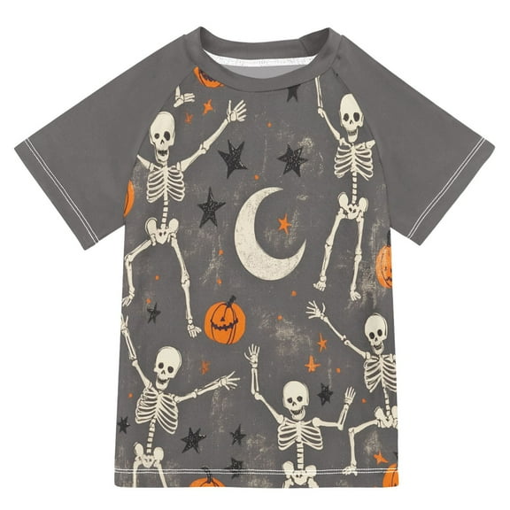 FORMRS Boys Rash Guard with Short Sleeves UPF 50+ Swim Shirts Sizes 3-12T, Gray Halloween Skeleton