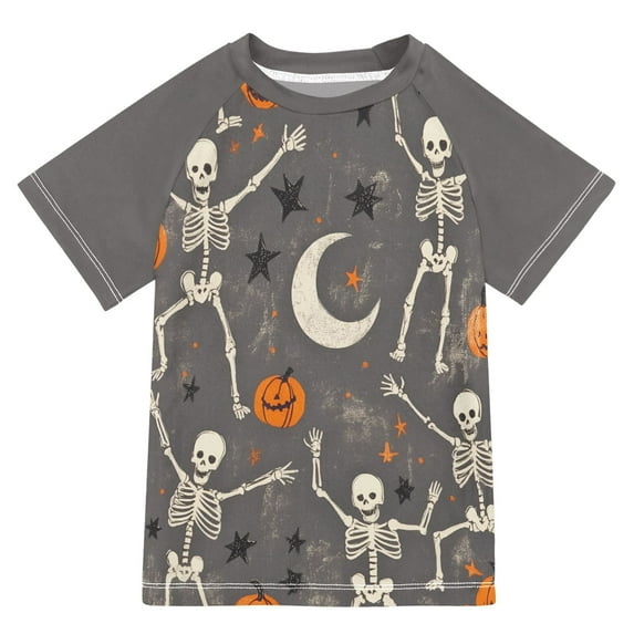 FORMRS Boys Rash Guard with Short Sleeves UPF 50+ Swim Shirts Sizes 3-12T, Gray Halloween Skeleton