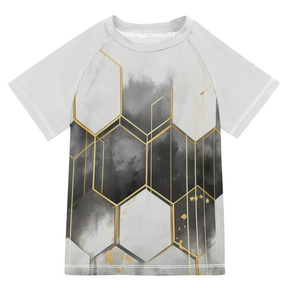 FORMRS Boys Rash Guard with Short Sleeves UPF 50 Swim Shirts Sizes 3-12T, Gray Hexagons