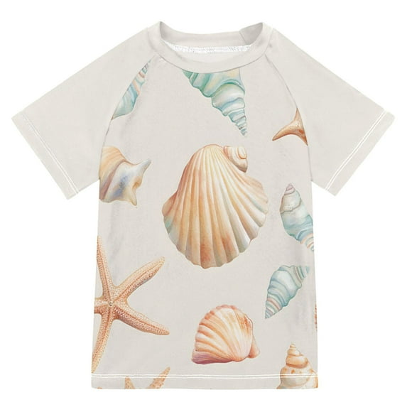 FORMRS Boys Rash Guard Short Sleeves Swim Shirt Quick Dry UPF 50+ Sun Protection, Sizes 3-12T, Gray Seashell