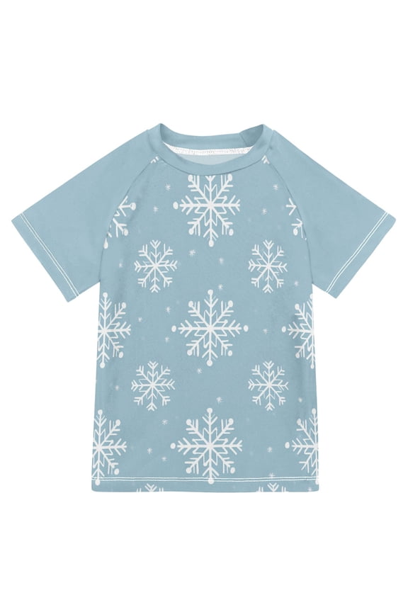 Boys Rash Guard Short Sleeves Swim Shirt Quick Dry UPF 50+ Sun Protection, Sizes 3-12T, Gray Snowflake