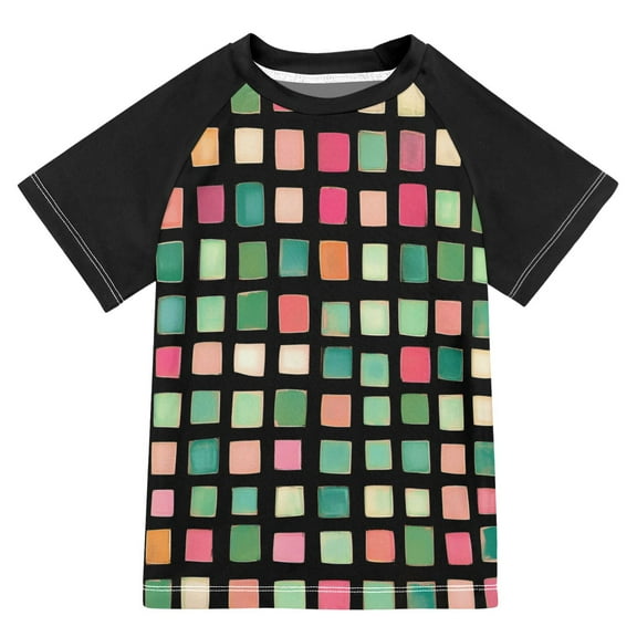 FORMRS Boys Rash Guard with Short Sleeves UPF 50  Swim Shirts Sizes 3-12T, Green Block Pattern