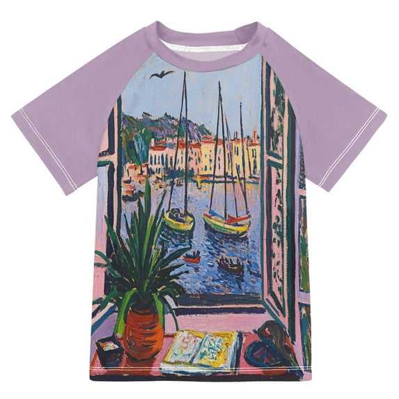 FORMRS Boys Rash Guard with Short Sleeves UPF 50+ Swim Shirts Sizes 3-12T, Green Boat