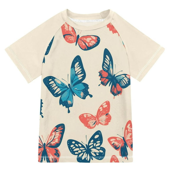 FORMRS Boys Rash Guard with Short Sleeves UPF 50 Swim Shirts Sizes 3-12T, Green Butterflies