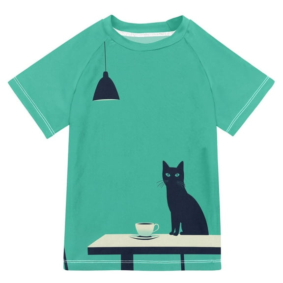 FORMRS Boys Rash Guard with Short Sleeves UPF 50+ Swim Shirts Sizes 3-12T, Green Cat