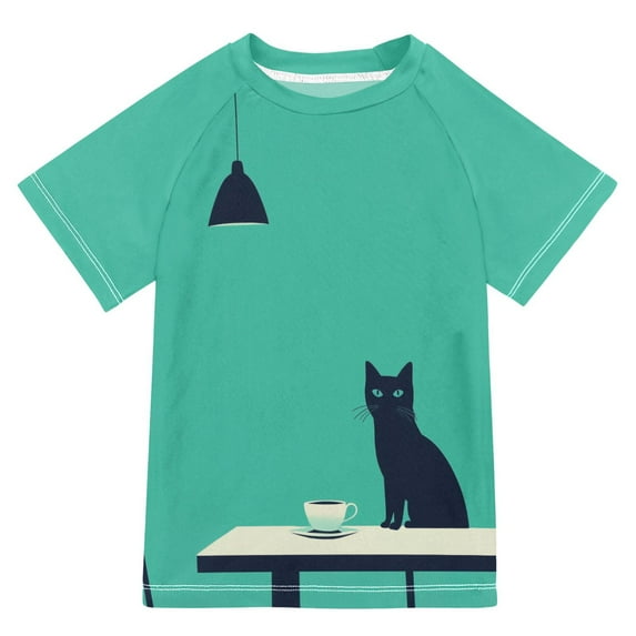 FORMRS Boys Rash Guard with Short Sleeves UPF 50+ Swim Shirts Sizes 3-12T, Green Cat
