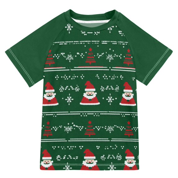FORMRS Boys Rash Guard Short Sleeves Swim Shirt Quick Dry UPF 50+ Sun Protection, Sizes 3-12T, Green Christmas Trees