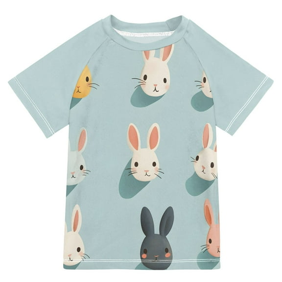 FORMRS Boys Rash Guard with Short Sleeves UPF 50  Swim Shirts Sizes 3-12T, Green Cute Rabbits