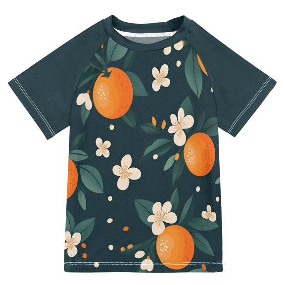 FORMRS Boys Rash Guard with Short Sleeves UPF 50  Swim Shirts Sizes 3-12T, Green Floral Oranges