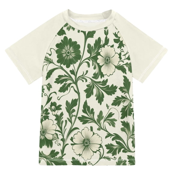 FORMRS Boys Rash Guard with Short Sleeves UPF 50 Swim Shirts Sizes 3-12T, Green Floral