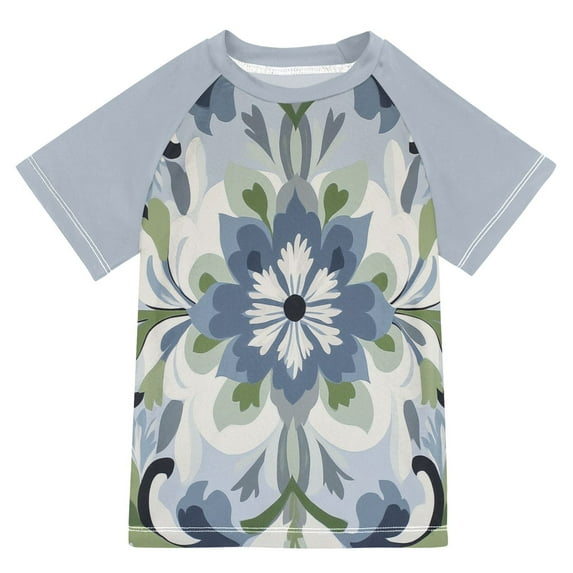 FORMRS Boys Rash Guard with Short Sleeves UPF 50+ Swim Shirts Sizes 3-12T, Green Floral