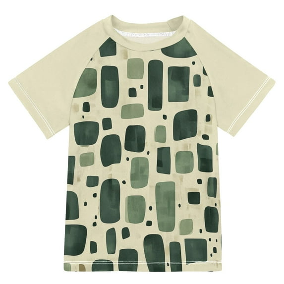FORMRS Boys Rash Guard with Short Sleeves UPF 50+ Swim Shirts Sizes 3-12T, Green Geometric