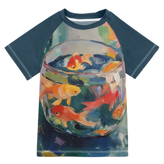 FORMRS Boys Rash Guard with Short Sleeves UPF 50  Swim Shirts Sizes 3-12T, Green Goldfish