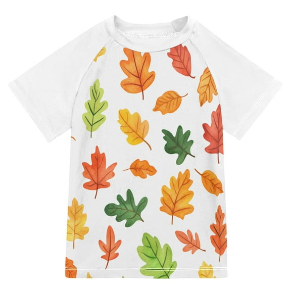 FORMRS Boys Rash Guard with Short Sleeves UPF 50  Swim Shirts Sizes 3-12T, Green Leaves