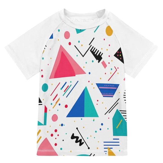 FORMRS Boys Rash Guard Short Sleeves Swim Shirt Quick Dry UPF 50+ Sun Protection, Sizes 3-12T, Green Retro Triangles