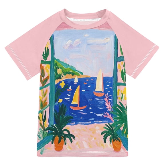 FORMRS Boys Rash Guard Short Sleeves Swim Shirt Quick Dry UPF 50+ Sun Protection, Sizes 3-12T, Green Seaside