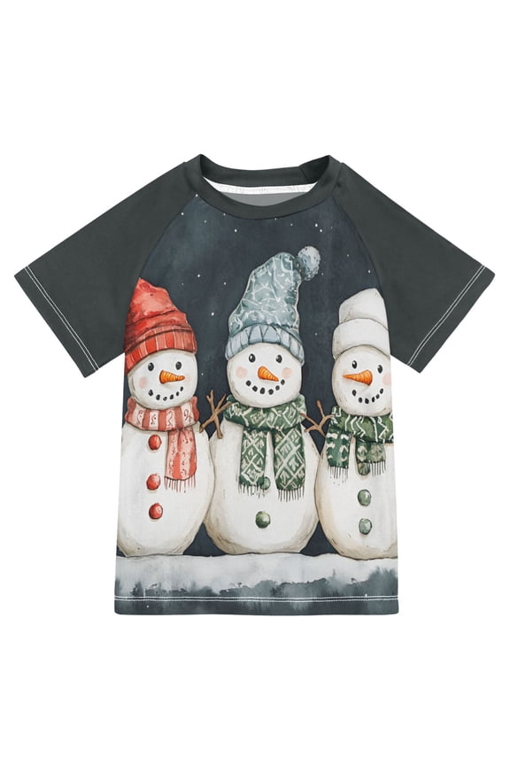 Boys Rash Guard with Short Sleeves UPF 50+ Swim Shirts Sizes 3-12T, Green Snowmen