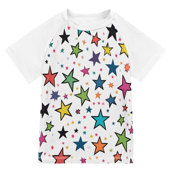 FORMRS Boys Rash Guard Short Sleeves Swim Shirt Quick Dry UPF 50+ Sun Protection, Sizes 3-12T, Green Stars