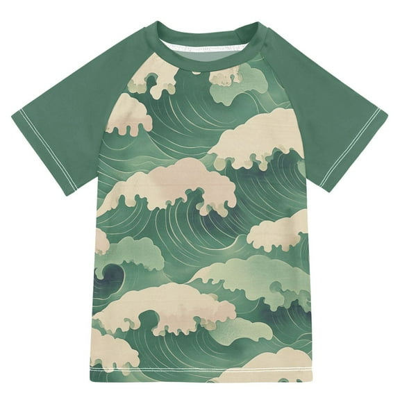 FORMRS Boys Rash Guard with Short Sleeves UPF 50  Swim Shirts Sizes 3-12T, Green Wave Pattern