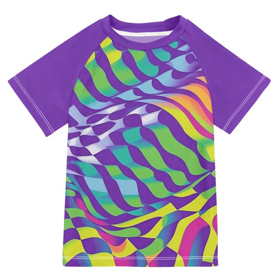 FORMRS Boys Rash Guard with Short Sleeves UPF 50 Swim Shirts Sizes 3-12T, Green Wavy Pattern