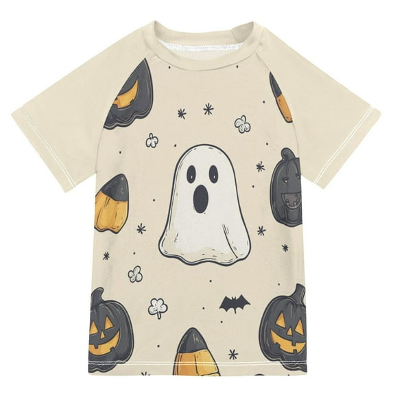 FORMRS Boys Rash Guard with Short Sleeves UPF 50+ Swim Shirts Sizes 3-12T, Halloween Black Pumpkins