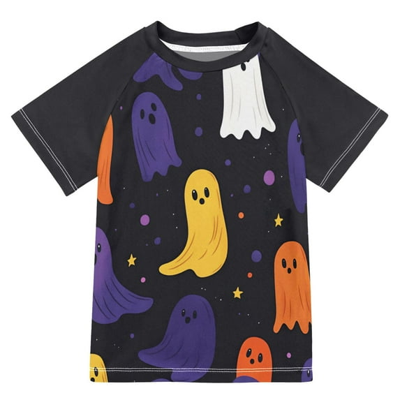 FORMRS Boys Rash Guard with Short Sleeves UPF 50+ Swim Shirts Sizes 3-12T, Halloween Colorful Ghosts