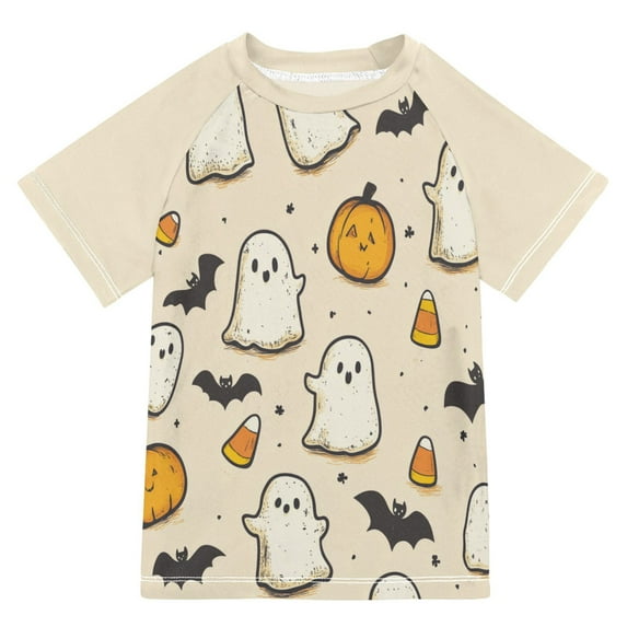FORMRS Boys Rash Guard with Short Sleeves UPF 50+ Swim Shirts Sizes 3-12T, Halloween Cute Ghosts