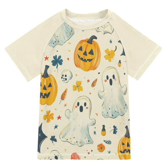 FORMRS Boys Rash Guard with Short Sleeves UPF 50  Swim Shirts Sizes 3-12T, Halloween Cute Ghosts
