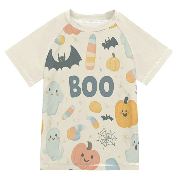 FORMRS Boys Rash Guard with Short Sleeves UPF 50+ Swim Shirts Sizes 3-12T, Halloween Cute Pumpkins