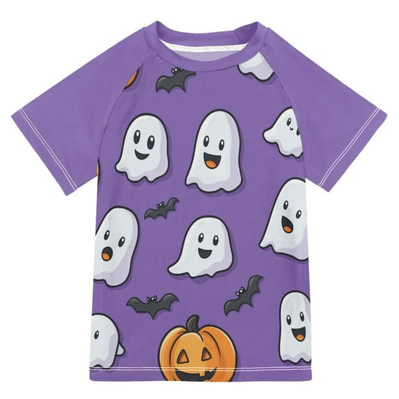 FORMRS Boys Rash Guard with Short Sleeves UPF 50 Swim Shirts Sizes 3-12T, Halloween Ghosts Purple