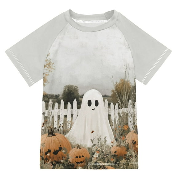 FORMRS Boys Rash Guard with Short Sleeves UPF 50  Swim Shirts Sizes 3-12T, Halloween Pumpkin Field