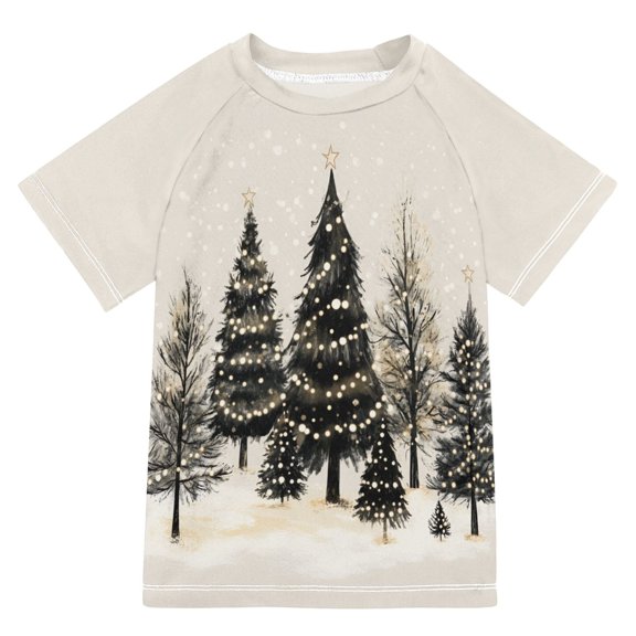 FORMRS Boys Rash Guard with Short Sleeves UPF 50  Swim Shirts Sizes 3-12T, Hand Drawn Christmas Trees