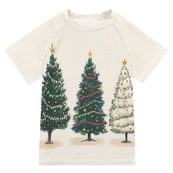 FORMRS Boys Rash Guard Short Sleeves Swim Shirt Quick Dry UPF 50+ Sun Protection, Sizes 3-12T, Hand Drawn Christmas