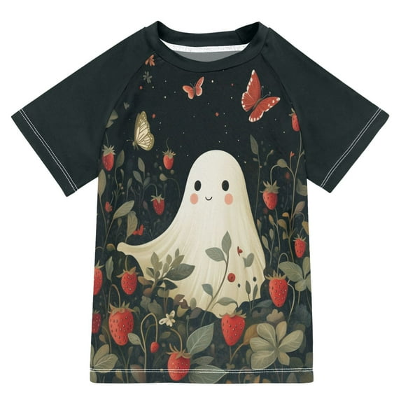 FORMRS Boys Rash Guard with Short Sleeves UPF 50+ Swim Shirts Sizes 3-12T, Happy Ghost