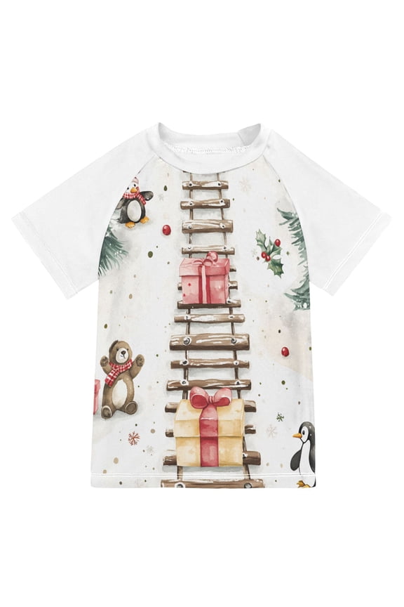 Boys Rash Guard with Short Sleeves UPF 50+ Swim Shirts Sizes 3-12T, Holiday Train
