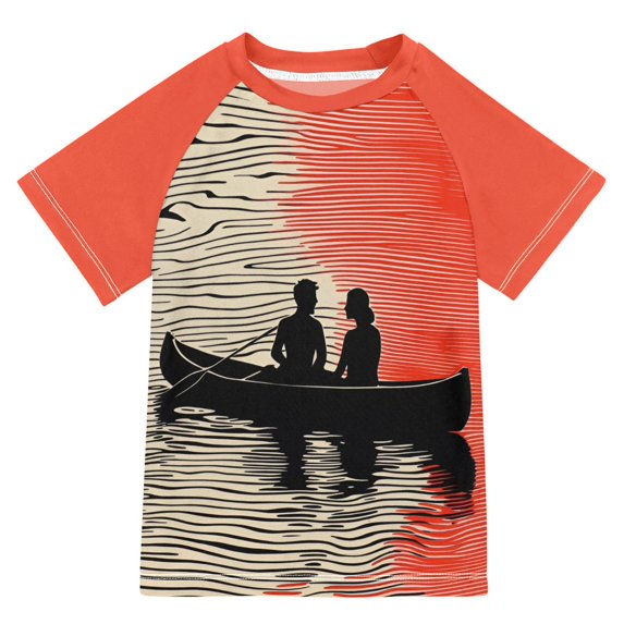 FORMRS Boys Rash Guard Short Sleeves Swim Shirt Quick Dry UPF 50+ Sun Protection, Sizes 3-12T, Illusionary Boat