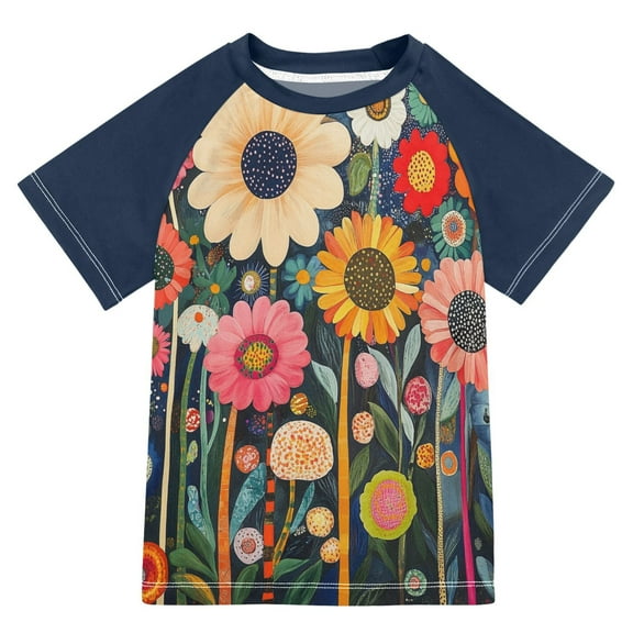 FORMRS Boys Rash Guard with Short Sleeves UPF 50  Swim Shirts Sizes 3-12T, Large Colorful Flowers