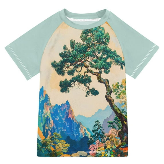 FORMRS Boys Rash Guard Short Sleeves Swim Shirt Quick Dry UPF 50+ Sun Protection, Sizes 3-12T, Large Pine Tree