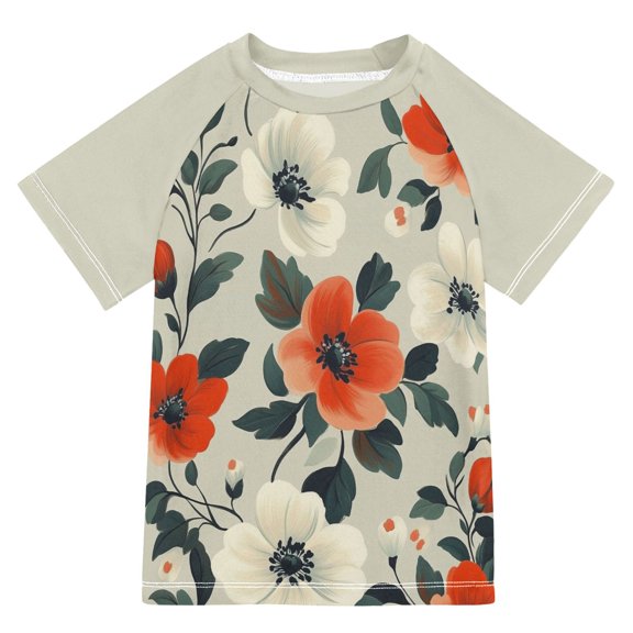 FORMRS Boys Rash Guard with Short Sleeves UPF 50  Swim Shirts Sizes 3-12T, Large Red Floral Pattern